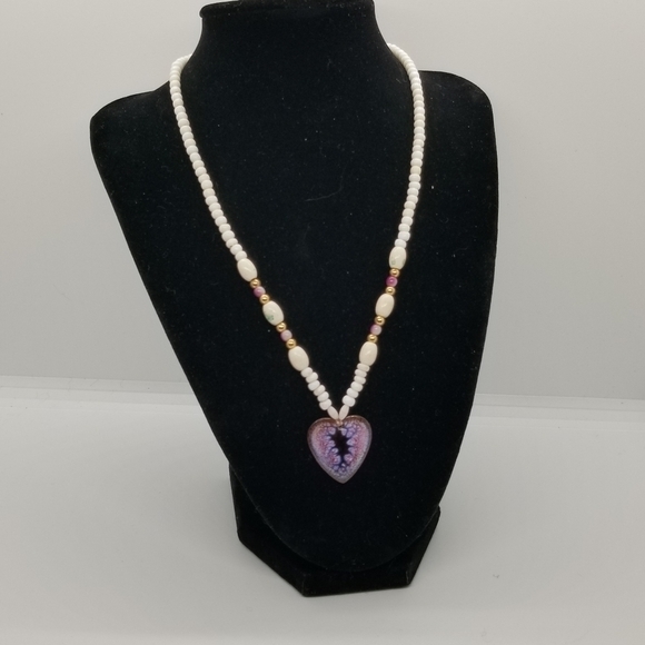 Handmade Jewelry - white beaded necklace with purple enamel heart artisan handmade